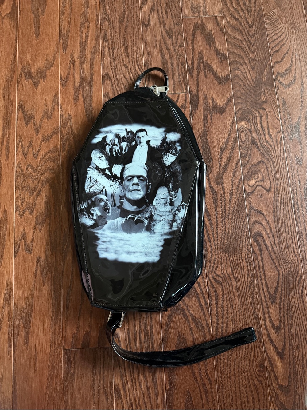 Black Patent Coffin Sling Bag with Horror Character Collage